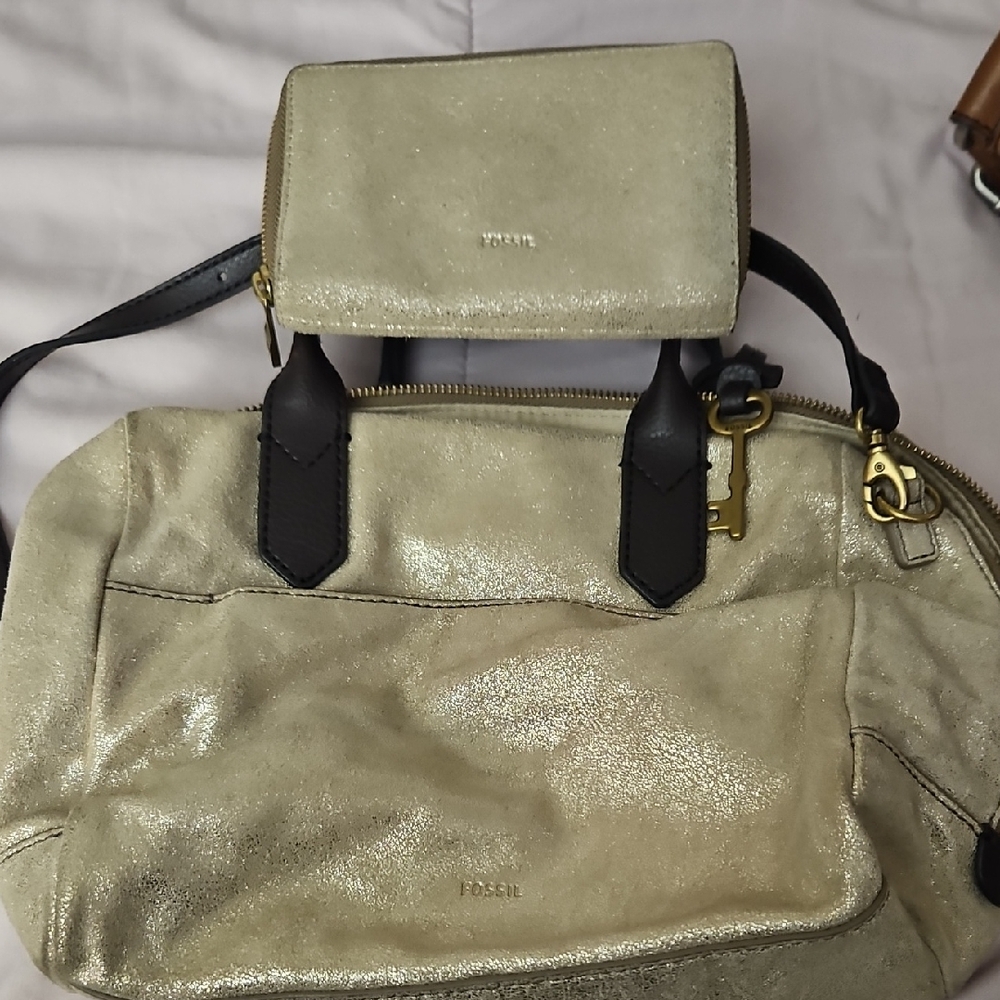 Fossil Shimmering Gold Satchel and Wallet Set